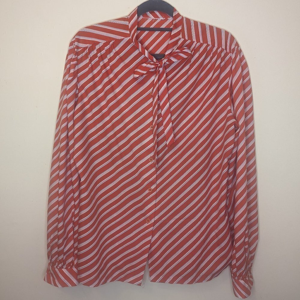 VINTAGE 1970s orange blouse, blue and white stripes, long sleeve, button up